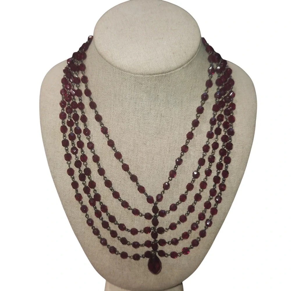 Lyndell NYC‎ Red Crystal Multi Strand Bib Necklace Antiqued metal Tone  15in.